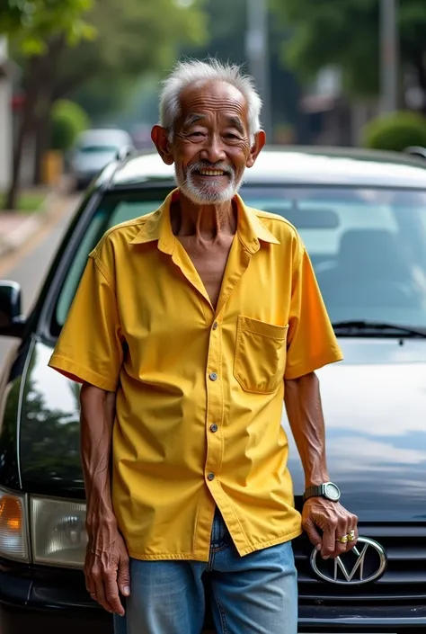 arafed man leaning on a car with a yellow shirt on, a picture by Yi Insang, instagram, dau-al-set, 5 0 years old man, 4 0 years old man, thawan duchanee, he is about 60 years old, he is about 6 0 years old, he is about 7 0 years old