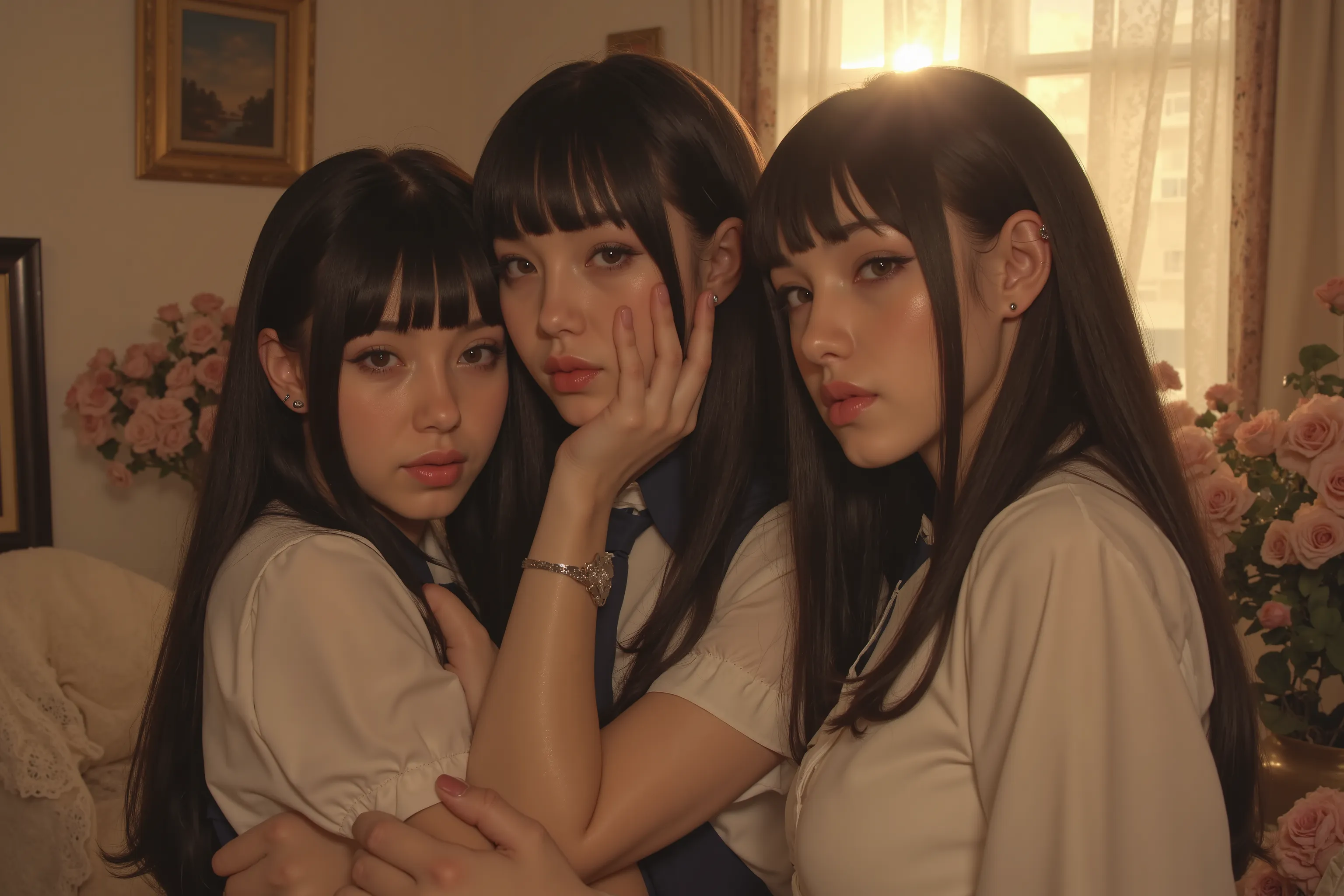   Selfie with 3 twin sisters  ,   with dark hair  ,  youthful appearance,   emo makeup 2023  ,  eyeliner  ,    short hair with threads around the forehead,   separated fringe  , dark collar ,   white dress with floral detail  , shoulders,  looking for,   c...