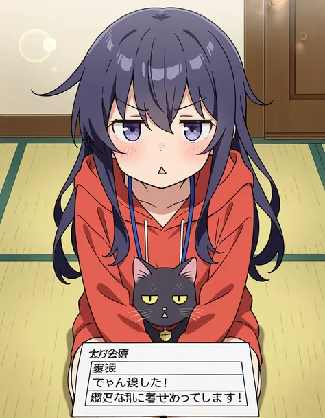 1girl, akatsuki_\(kancolle\), jitome, triangle mouth, cat, seiza, hands on lap, sign_around_neck, pet_shaming, floor, anime_screencap, bokeh, masterpiece, best quality, perfect anatomy, very aesthetic, amazing quality, high resolution, ultra-detailed, absu...