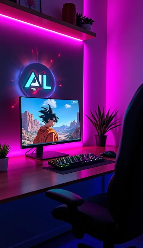 create a gaming room setup with low brightness
Mpurple neon lightning, Written RAHUL TECH and Al with bold latter colour and add Goku wallpaper in walls with natural colour