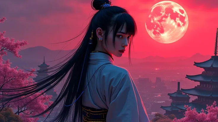 A noblewoman from the Asuka period (7th century Japan), standing defiantly under the crimson glow of a neon moon. Her long, flowing black hair is streaked with electric blue highlights, partially tied up in a traditional ‘tabusa’ style, but adorned with cy...