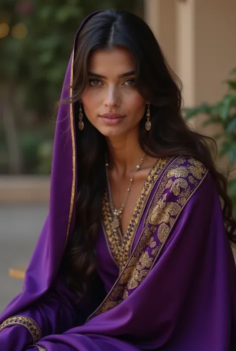 a close up of a woman in a purple dress sitting on a bench, a portrait inspired by Avigdor Arikha, trending on cg society, arabesque, draped in silky purple and gold, draped in purple and gold silk, purple tunic, beautiful silky dress, dark purple garments...