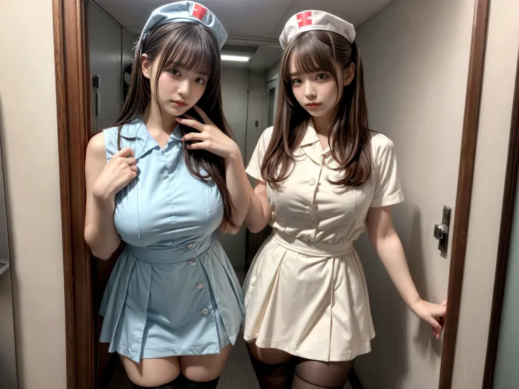 masterpiece, best quality, illustration, Super detailed, fine details, High resolution, 8K,wall paper, perfect dynamic composition,(Details High quality, realistic depiction of eyes:1.3), (2 girls), Hospital Rooms、White nurse cap、White tights、White nurse u...