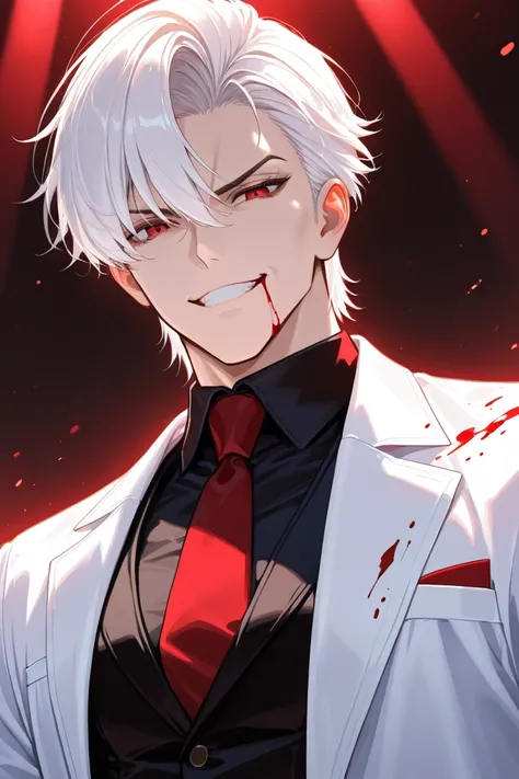 white hair man, blood red eyes, serious mafia vibe, grin like a devil, elegant style, wearing white lab coat.