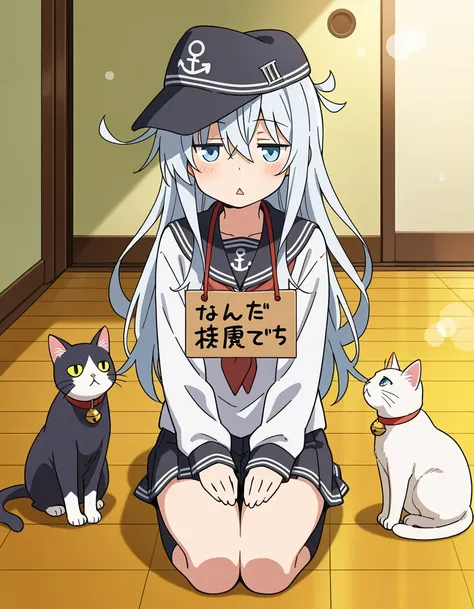 1girl, hibiki_\(kancolle\), jitome, triangle mouth, cat, seiza, hands on lap, sign_around_neck, pet_shaming, floor, anime_screencap, bokeh, masterpiece, best quality, perfect anatomy, very aesthetic, amazing quality, high resolution, ultra-detailed, absurd...