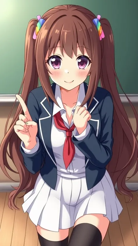 Can you draw Kirara amanogawa from preview series, on her school uniform, with a really toned body, nice curves, and big thighs, with a smirk on her face, pov she is doing a sign with her index and thumb that indicates something is tiny, she is close to th...