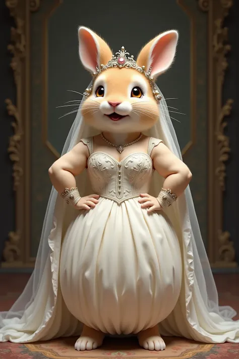 photorealistic portrait of Dressed animals - a ((fat)) chibi (baby peter rabbit) bride,(art by Giuseppe Arcimboldo),(happy smile),(furry), high quality,(lovely) ,intricate details, highly detailed (gothic white wedding dress)),wearing opera globes and shoe...