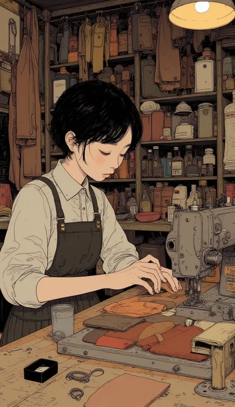 (( top quality)), (( Masterpiece)), (  Details),  1 short-haired dark-haired Japanese girl sewing leather bags with a sewing machine , 革製のバッグをミシンで縫っている、 leather goods are placed in a messy room、Work clothes、 anatomically correct hand 、