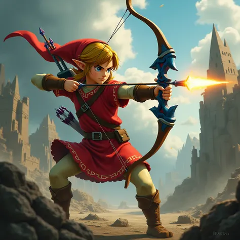 Link de Zelda, HD model, your red clothes ,  Motion Blur,  apocalypse, carrying out a bow and arrow attack