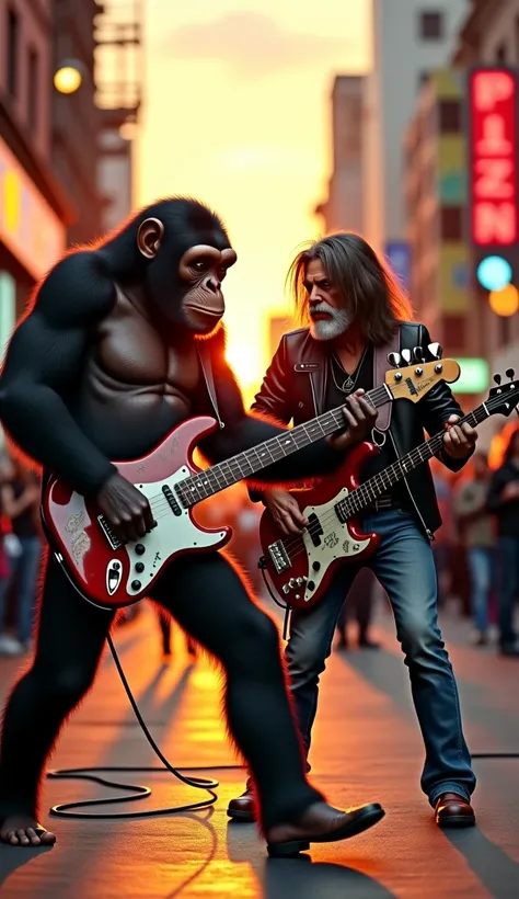 "An ultra-realistic, cinematic scene set on a vibrant urban street at sunset, with warm golden light casting long shadows. In the foreground, a highly detailed chimpanzee, rendered with National Geographic-level realism, is playing a sleek electric guitar....