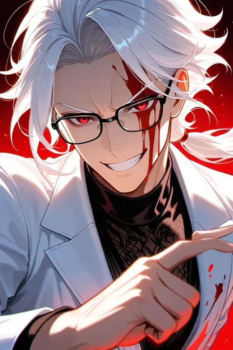 white hair man, blood red eyes, serious mafia vibe, grin like a devil, elegant style, wearing white lab coat and glasses