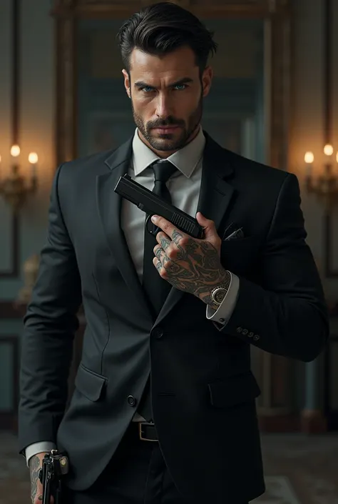  Handsome blue-eyed man ,  dark hair,  intimidating look , excessively attractive ,  marked jaw,  body well worked by the gym,  wide shoulders , 27 year old , Full of tattoos,  black suit,  millionaire,  masculine features , Gun in hand,  without a beard