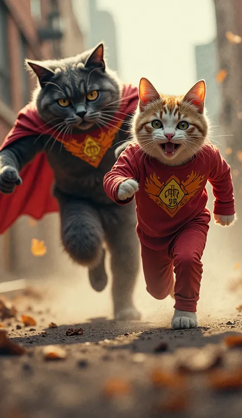 father cat, dressed like vilain, dibajunya bertuliskan "fire fire", chased by mother cat, dressed like power ranger,