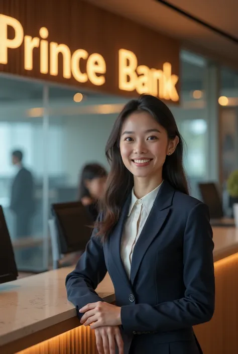 " Ultra-realistic image of a asia receptionist at 'Prince Bank accepting clients in an elegant office environment. She has a warm smile and is dressed in professional attire . The reception area is modern and inviting , with the name 'Prince Bank' clearly ...