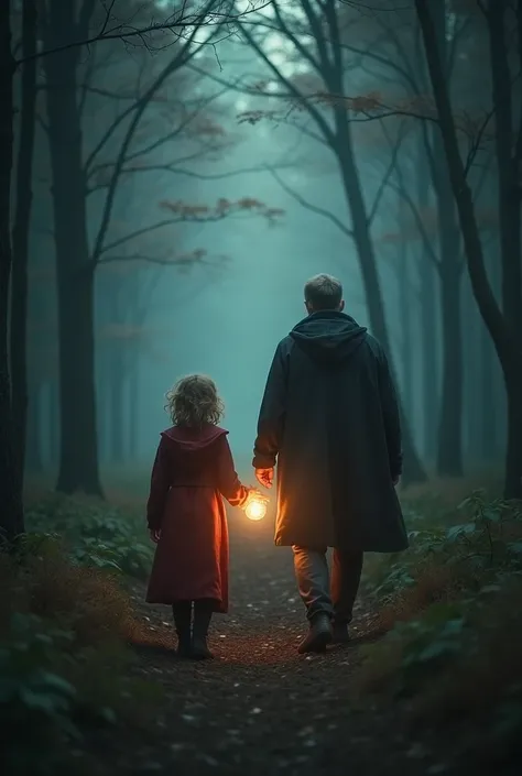  A magical boy and his father are seen walking in a dark forest early in the morning , a magical boy and his father are seen walking.   , She holds a glowing orb in her hand .  Her father looks at her protectively .