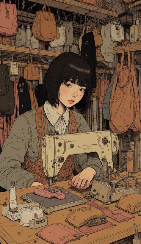 (( top quality)), (( Masterpiece)), (  Details),  1 short-haired dark-haired Japanese girl sewing leather bags with a sewing machine , Are leather bags sewn on an industrial sewing machine、 leather goods are placed in a messy room、Work clothes、 anatomicall...