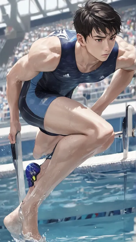 (photorealism:1.2),  very Handsome japanese man, 22-27 year-old, swimmer, in the Olympics, look serious, full body 