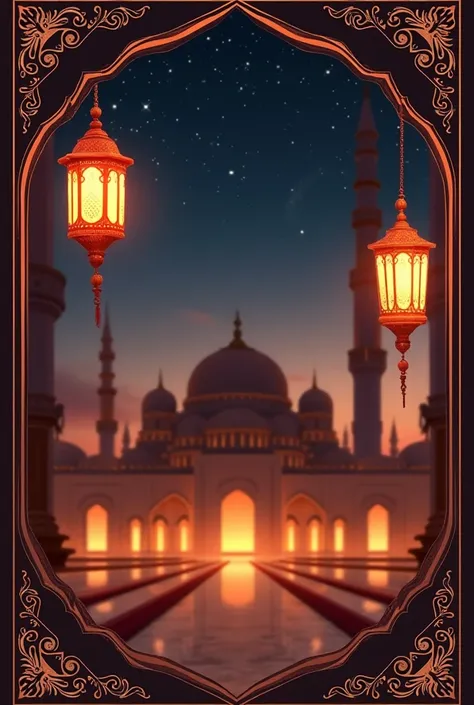 create a Ramadan wallpaper for mobile with lanterns and classic Egyptian Ramadan decorations and a mosque