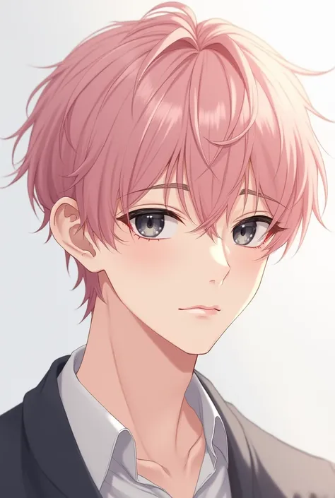 A delicate anime man. Dark eyes, pink powder hair reaching to his ears. A slightly fluffy fringe falling on his forehead. Sweet but adult and serious