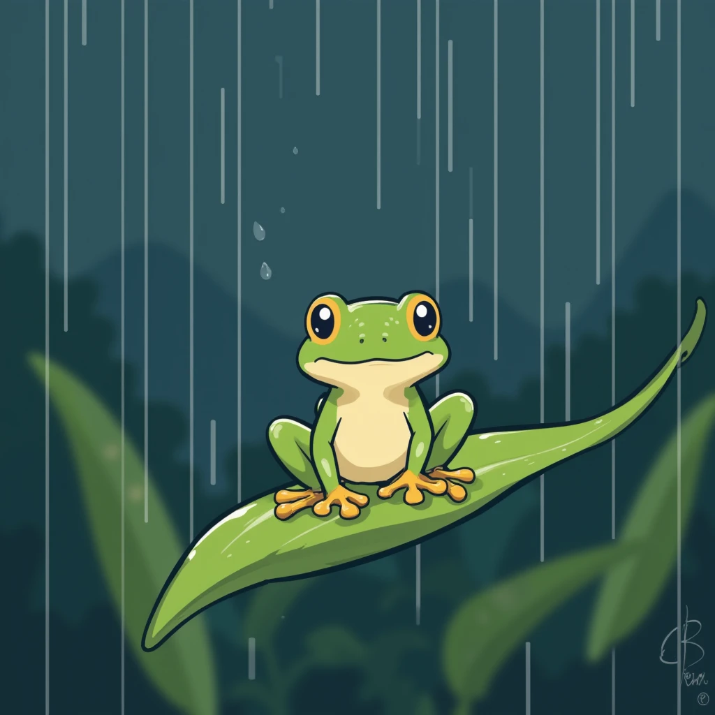 Heavy rain falls 、 tree frog sitting on a leaf、2D illustration、illustration、Anime Design、 Clear Lines 、Thick Line、 simple illustration without gradation。No shading。