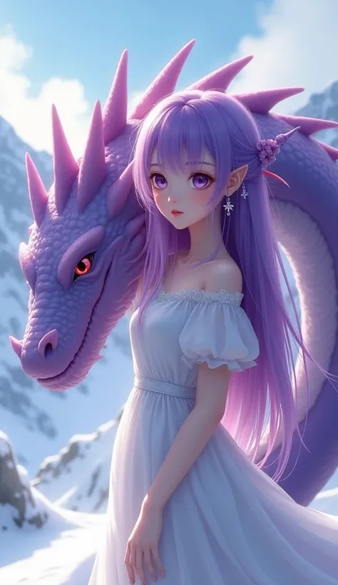 A young woman(( purple long hair detailed, beautiful purple eyes detailed, white beautiful dress detailed, pink lipstick detailed, expression cute )) stand with a purple big beautiful dragon  in the big snow mountain.High Resolution, Best Quality, High Det...