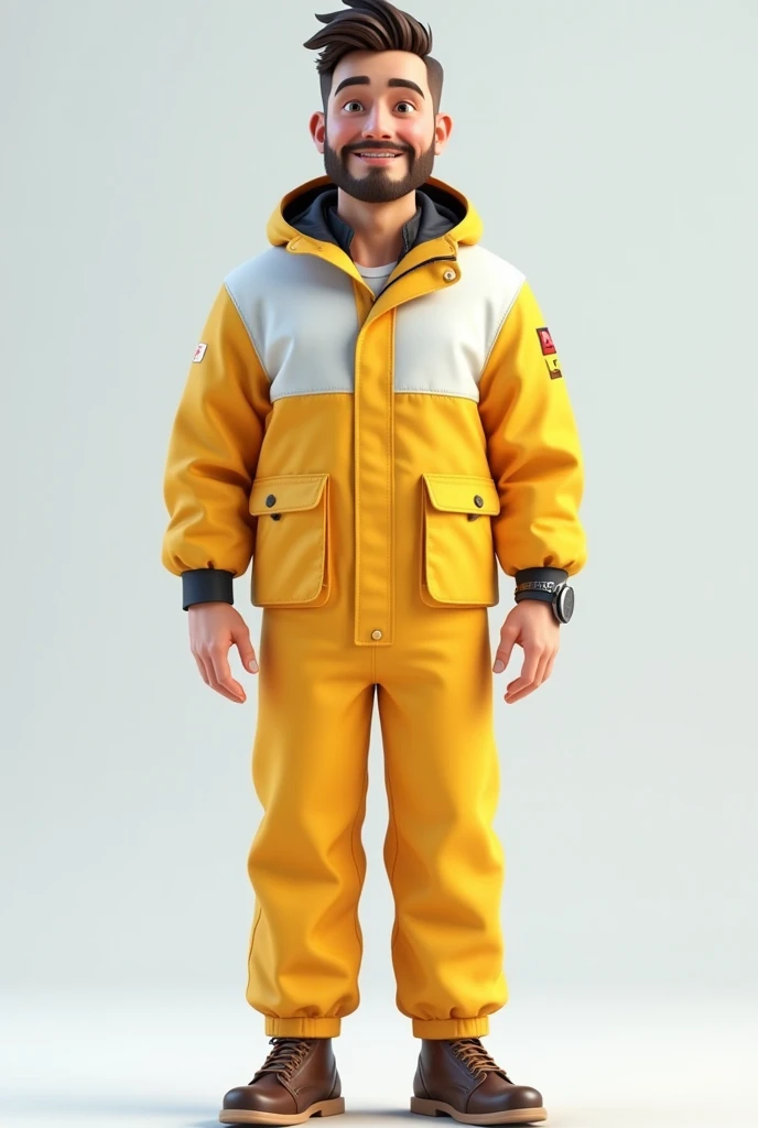 Create a 3D-styled image of a sailor skipper dressed in modern and casual sailing gear, including a yellow and white waterproof suit with a matching jacket, designed for maritime use. The character is viewed from the front, in a stylized design, standing i...