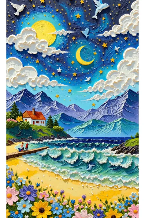 acrylic paint (medium), artist name Yuukithai, beach, bird, city, cloud, cloudy sky, Constellation, crescent, moon, earth (Planet), flower, horizon, house, island, moon, a cute witch in a red dress, mountain, night, night sky, ocean, colorful flowers, outd...