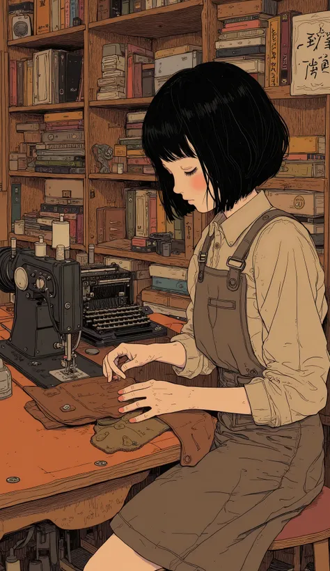 (( top quality)), (( Masterpiece)), (  Details),  1 short-haired dark-haired Japanese girl sewing leather bags with a sewing machine ,  retro typewriter with lots of books in a messy room、I'm writing an article on a 、Work clothes、 anatomically correct hand...