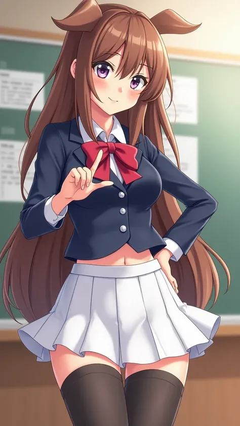 Can you draw Kirara amanogawa from preview series, on her school uniform, with a really toned body, nice curves, and big thighs, with a smirk on her face, pov sheis with her index and thumb indicating something is tiny, she is close to the pov like she is ...