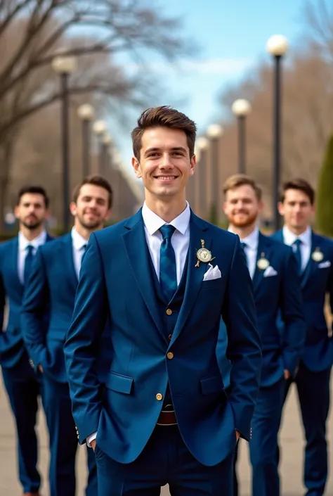 Bright navy blue for fraternity yearbook shoot celebrating student days 