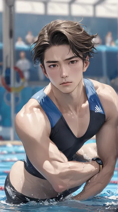 (photorealism:1.2),  very Handsome japanese man, 22-27 year-old, swimmer, in the Olympics, look serious, full body 