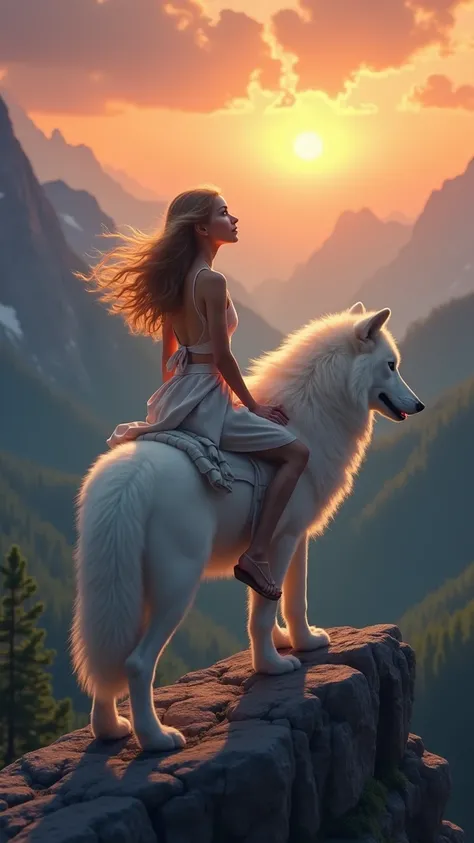 Woman admiring a sunset riding a big white wolf standing on a mountain with a magnificent view of the forest 