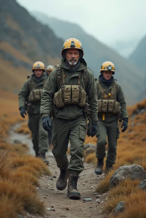 A picture of expatriates wearing helmets, boots, and shoes.
