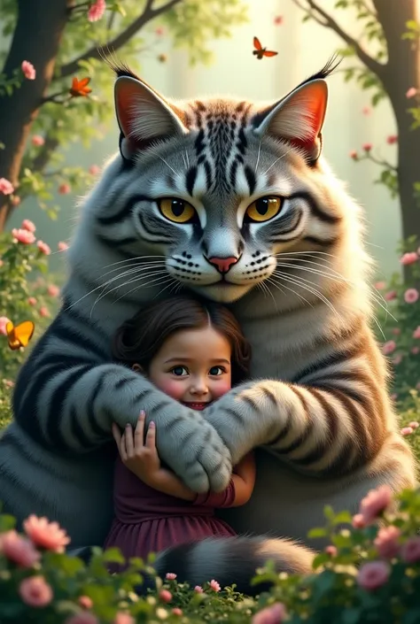 

A breathtaking, ultra-realistic 4K image of a  embracing a giant, majestic cat with luxurious fur. The cat is much larger than the girl, making the hug look even more heartwarming. The feline's fur is a mesmerizing mix of soft grays, blacks, and whites, ...