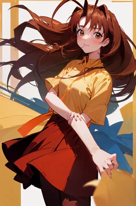 (masterpiece, best quality:1.2), cowboy shot, solo, 1girl, narusegawa naru, smile, looking at viewer, antenna hair, yellow shirt, short sleeves, red skirt, pantyhose, nice pair of hands