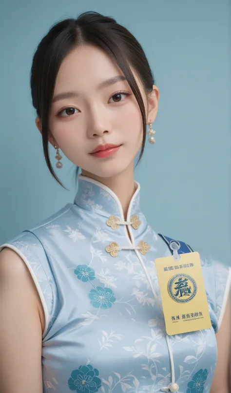 Professional close-up portrait photography of a beautiful Asian girl wearing white Vietnamese long Cheongsam, she holding citizen identification card, simple light blue background, 2556 Lunar New Year Festival.