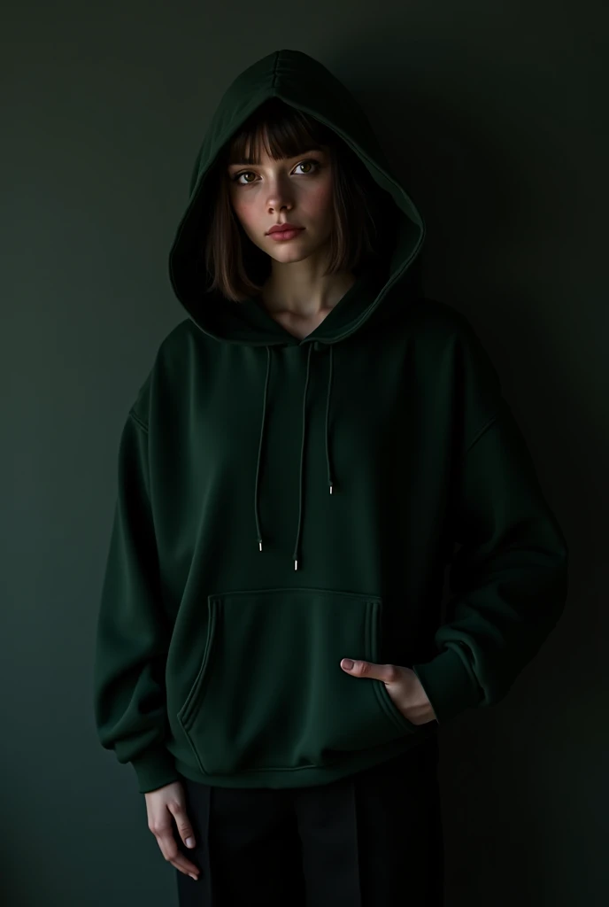 A girl wearing dark green hoodie and black pant