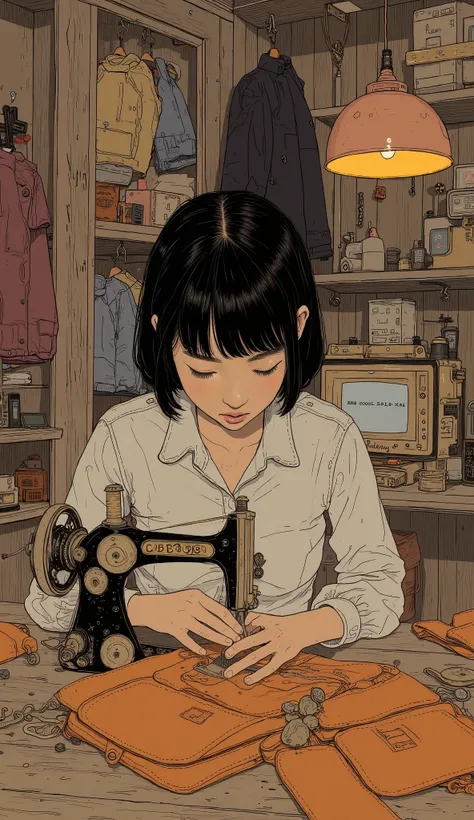 (( top quality)), (( Masterpiece)), (  Details),  1 short-haired dark-haired Japanese girl sewing leather bags with a sewing machine , I'm writing an article on a retro desktop PC、I'm writing an article on a 、Work clothes、 anatomically correct hand 、