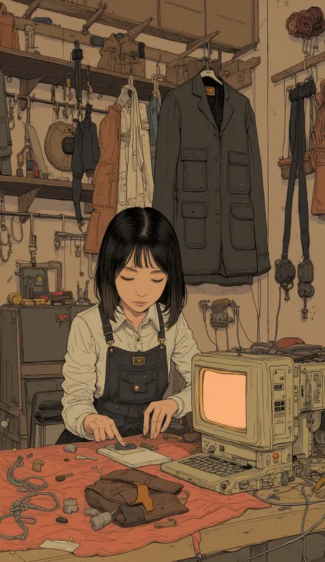 (( top quality)), (( Masterpiece)), (  Details),  1 short-haired dark-haired Japanese girl sewing leather bags with a sewing machine , I'm writing an article on a retro desktop PC、I'm writing an article on a 、Work clothes、 anatomically correct hand 、