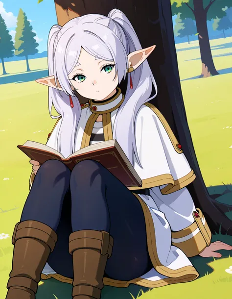 score_9, score_8_up, score_7_up, score_6_up, score_5_up, score_4_up, frieren, pointy ears, twintails, elf, long hair, green eyes, parted bangs, white hair,
white capelet, short white dress, pantyhose, striped shirt, brown boots, thick thighs 
sitting, knee...