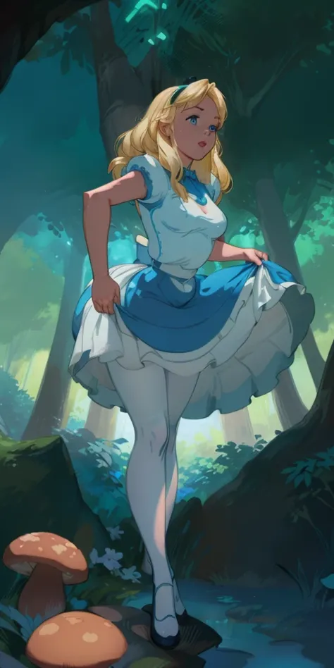 (Best quality,A high resolution,Ultra - detailed,actual),Alice Wonderland, blue short dress, white pantyhose, long yellow hair, ,( dark forest background :1.4 ), More detailed 8K.unreal engine:1.4,UHD,Best quality:1.4, photorealistic:1.4, skin texture:1.4,...