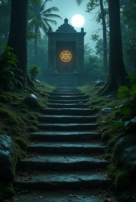 In the midst of a Nigerian village, the full moon casts a silver light over an abandoned shrine deep within the jungle. The camera slowly pans over the weathered stone steps leading to a sacred altar, each step covered in moss and age-old symbols. The rich...