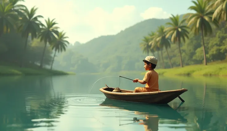 A 3D Malay Boy fishing in the lake on his boat at noon.