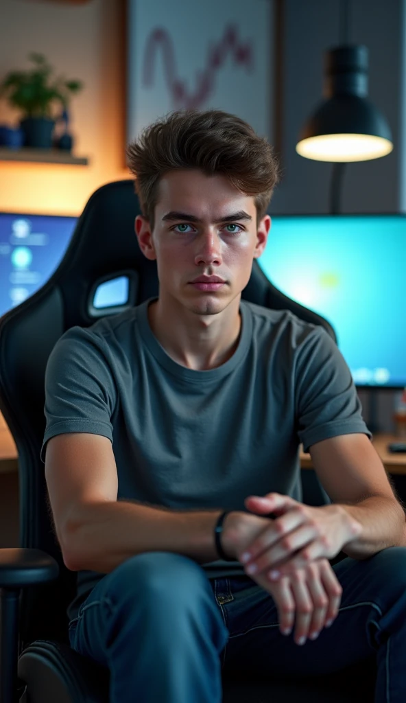 ( better quality,8K, highres, masterpiece:1.2), scientists,( Realistic,photo Realistic,photo- Realistic:1.37 A 23-year-old sitting in his gamer chair in a room looking at the camera from the front 