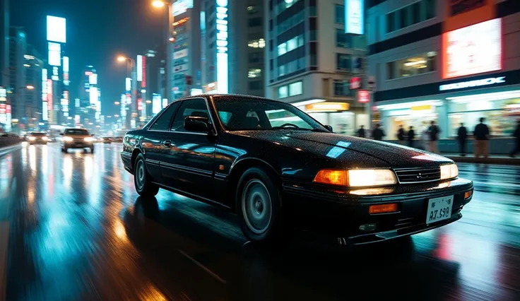 a black  normal car going speed in rain on street of tokyo at night ((side view))