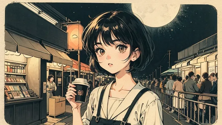 1 person,   short hair ,   I'm studying 80s anime style,  holding coffee in hand, Retro,  LoFi, night view, Records lined up,Stylish lighting,Close-up of a woman&#39;s face, facing the front ,Distant View