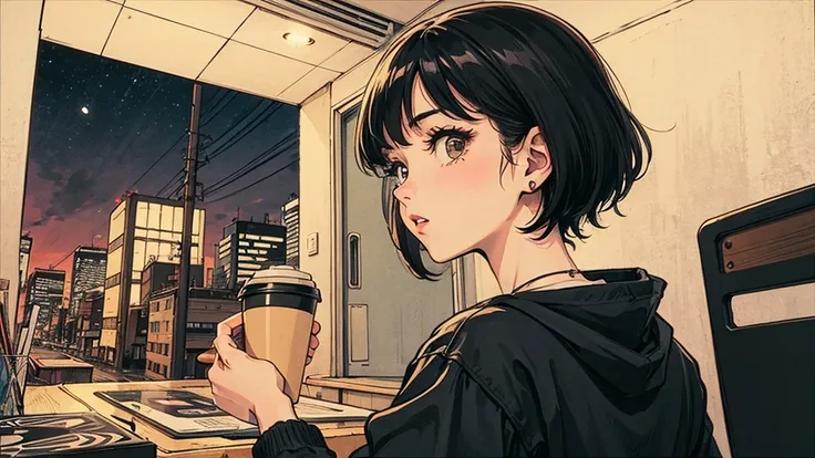 1 person,   short hair ,   I'm studying 80s anime style,  holding coffee in hand, Retro,  LoFi, night view, Records lined up,Stylish lighting,Close-up of a woman&#39;s face, facing the front ,Distant View