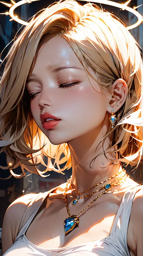  1 girl, halo, solo,  closed eyes , chest, 喫cigarette, cigarette,  tattoo, gem,  cigarettes, lips, Upper Body,  necklace, high resolution,  Masterpiece,  won many awards , 