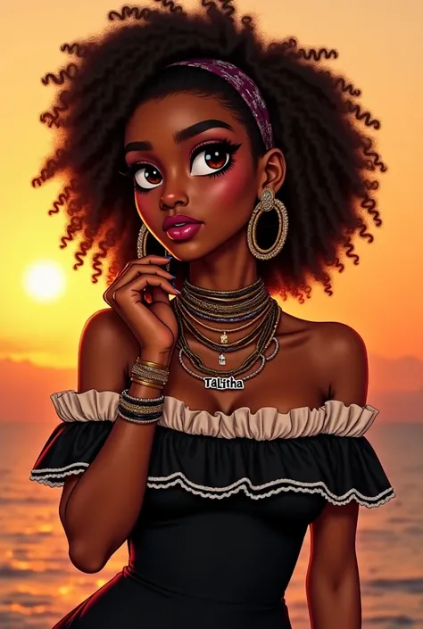 a light brownskin girl, shoulder length curly hair wearing multiple hoop earrings, three necklaces with one that says "Talitha", multiple bracelets on her wrists, wearing a bandana, a nice glowy finish on her face with black eye shadow. As for the outfit, ...