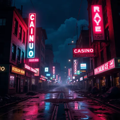 Design a CD cover for a rock band heavily influenced by apocalyptic and cyberpunk styles. Imagine vibrant neon colors intermingling with industrial dystopian elements. The main visual theme should be at street downtown in night, filled with casino and nigh...